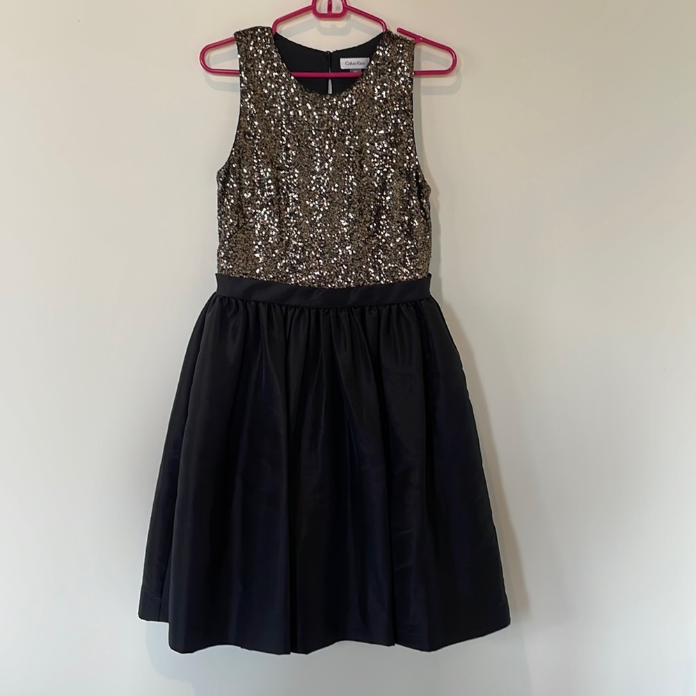 Calvin Klein Bronze Gold And Black MIDI Dress | Size 8